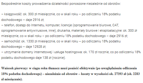 Fragment artykułu na temat kosztów prowadzenia działalności przez tłumacza