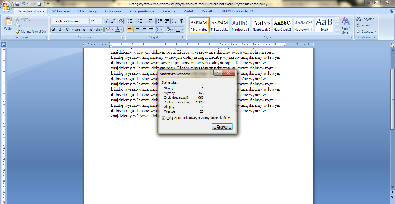 Sprawdzanie liczby znaków w Wordzie